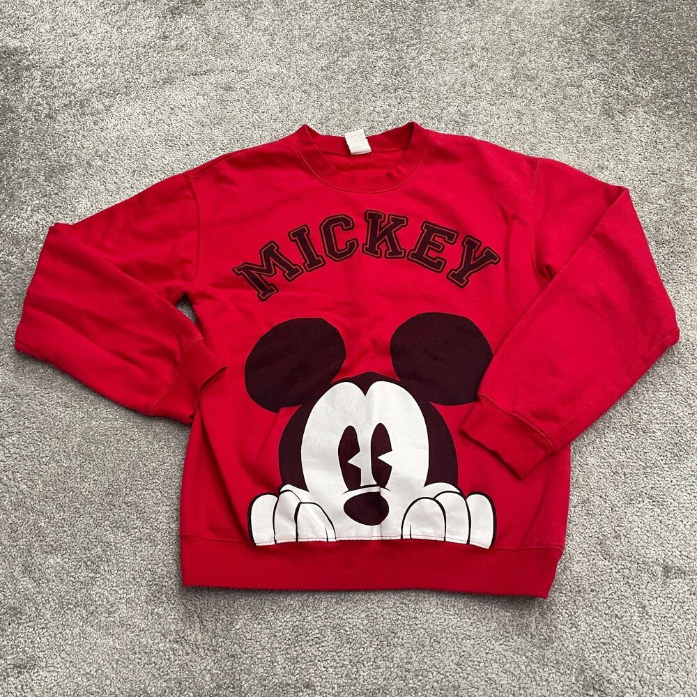 Disney Mickey Mouse Graphic Logo Sweatshirt Women Medium Red Crew Neck Pullover
